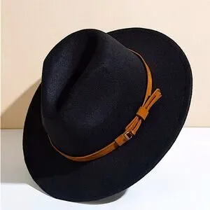 Fedora Black Hat Unisex Classy Chic Men Women Buckle Strap Lisianthus Men & Women Vintage Wide Brim Fedora Hat with  main image 4